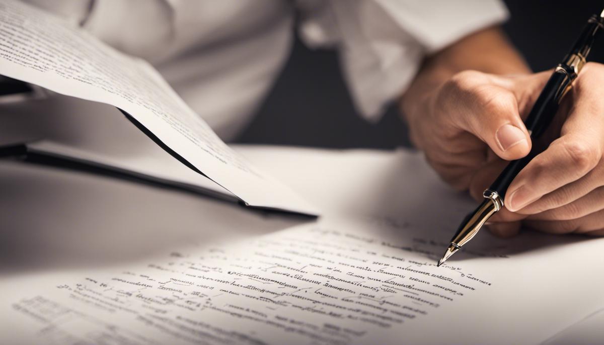 A depiction of a person proofreading a document, symbolizing the careful inspection and correction of written content.